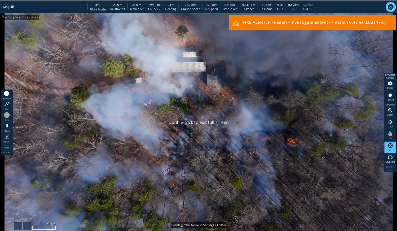 Woodland seen from directly above, pale smoke drifting in sheets across burnt ground with small fronts of open flame showing orange between the trees and a cluster of outbuildings near the centre. An amber banner reads 'FIRE ALERT: Fire seen - Investigate extent — match 0.47 vs 0.00 (47%)'.