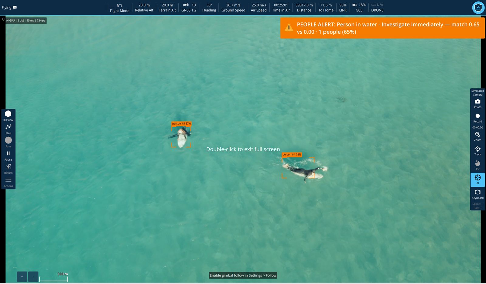 A wide stretch of open turquoise water seen from altitude, empty but for two swimmers far apart. Both are boxed and labelled, person #5 at 67 percent and person #4 at 78 percent. An amber banner reads 'PEOPLE ALERT: Person in water - Investigate immediately — match 0.65 vs 0.00 · 1 people (65%)'.