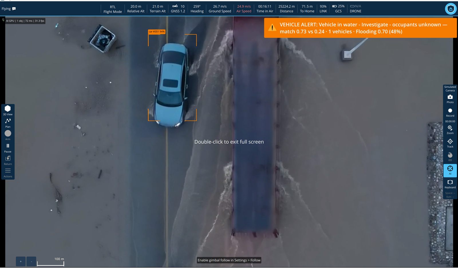 A top-down view of a pale blue car stranded in brown floodwater beside a submerged roadway, wake streaming past it. The car is boxed and labelled car #351 at 94 percent. An amber banner reads 'VEHICLE ALERT: Vehicle in water - Investigate - occupants unknown — match 0.73 vs 0.24 · 1 vehicles · Flooding 0.70 (48%)'.