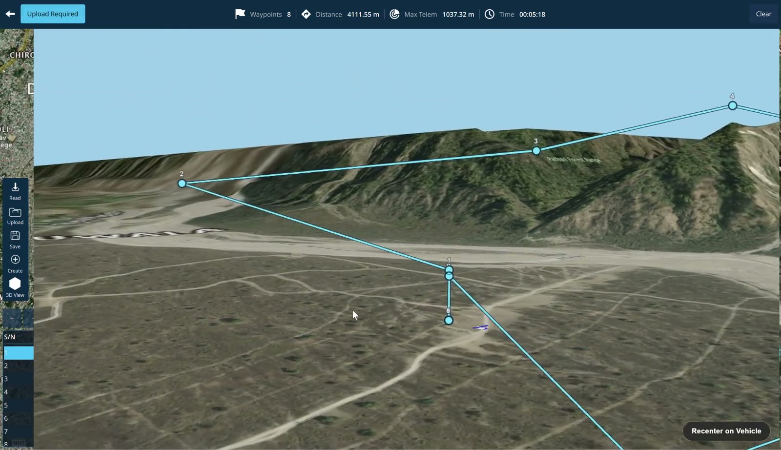 The ground station's 3D view, a planned route drawn as a chain of waypoints over real mountain terrain with leg distances and maximum terrain height shown along the top.