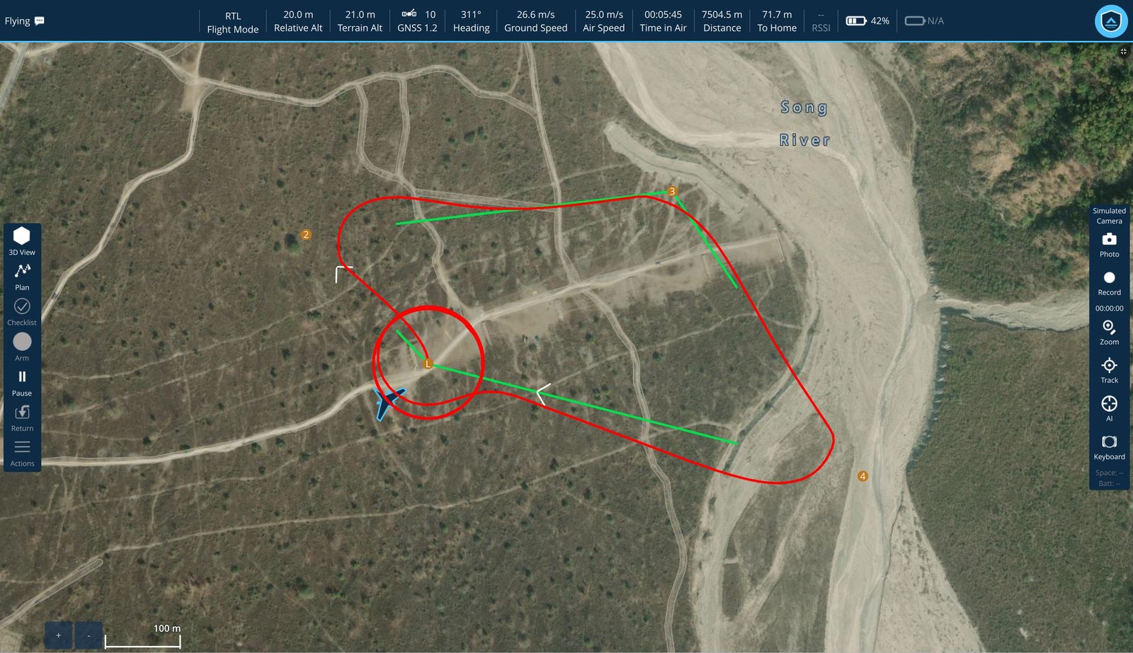 Fly View in full-map mode: an RTL return pattern looping over a river and airstrip, with the aircraft icon on its final approach and telemetry across the top.