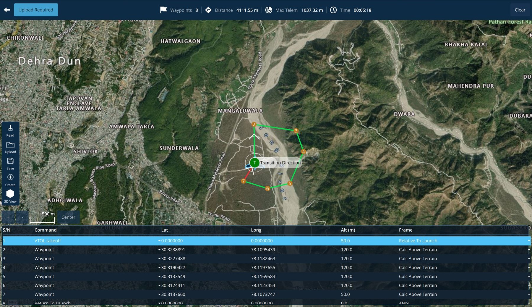 Plan View: an eight-waypoint mission drawn over satellite terrain with a VTOL transition marker, and an editable mission table below listing sequence, command, latitude, longitude, altitude and altitude frame for every item.